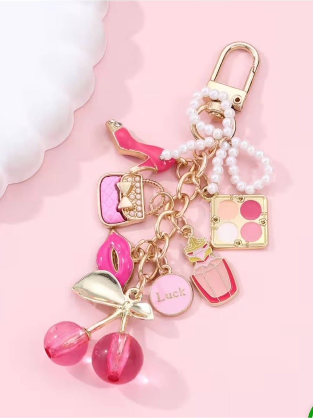 Pink Cherry Charm Keychain & Card Holder Keyring
